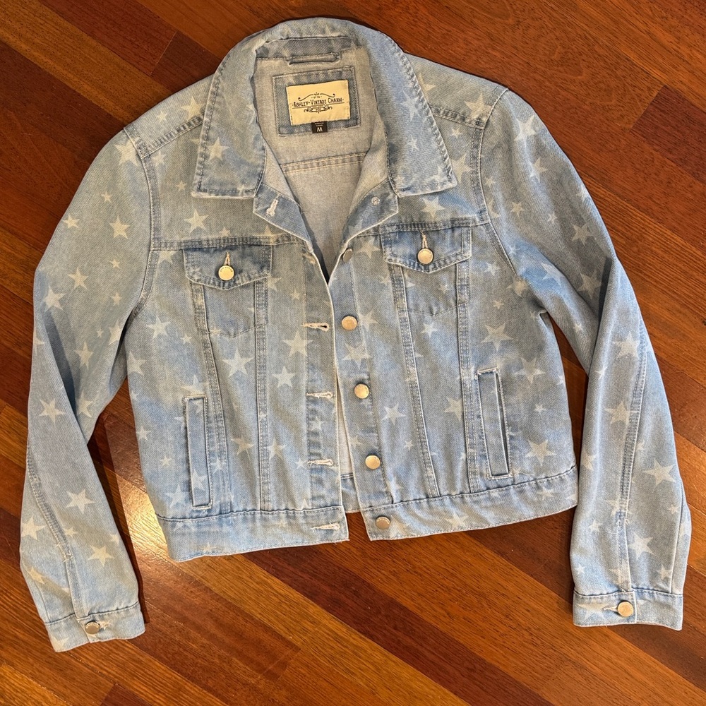 Ashley-Vintage Charm Star Print Blue Jean Jacket